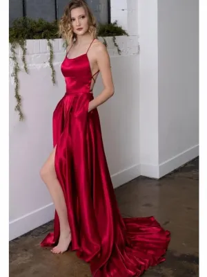 A-line Spaghetti Straps Sexy Long Prom Dresses Satin Evening Gowns SED421