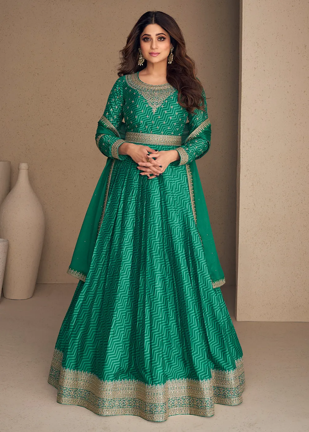 Alluring Chinon Silk Aqua Green Embroidered Engagement Wear Anarkali