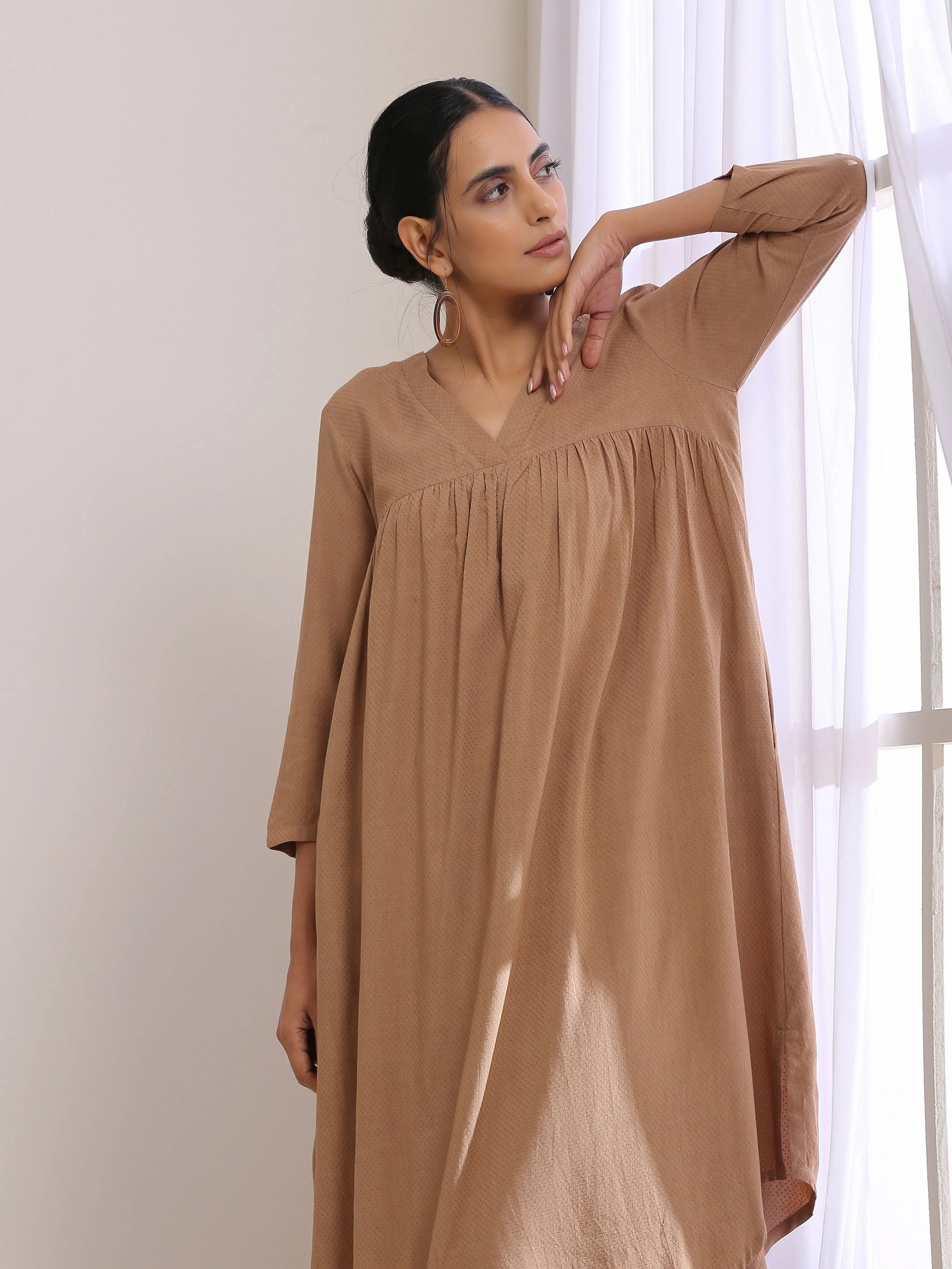 Beige Dobby Gathered Kurta Pant Set