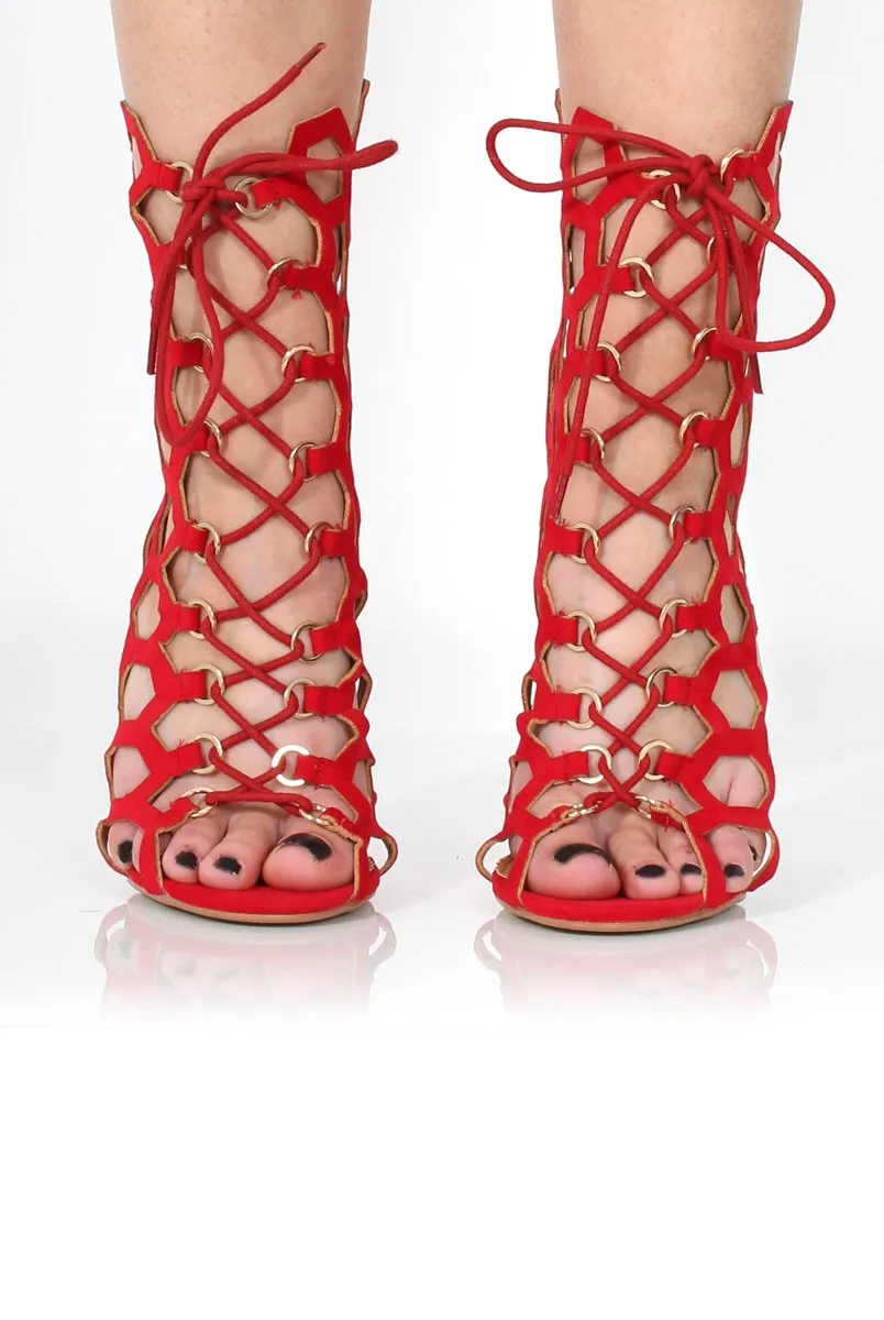 Bella Red Suede Caged Lace Up Heels