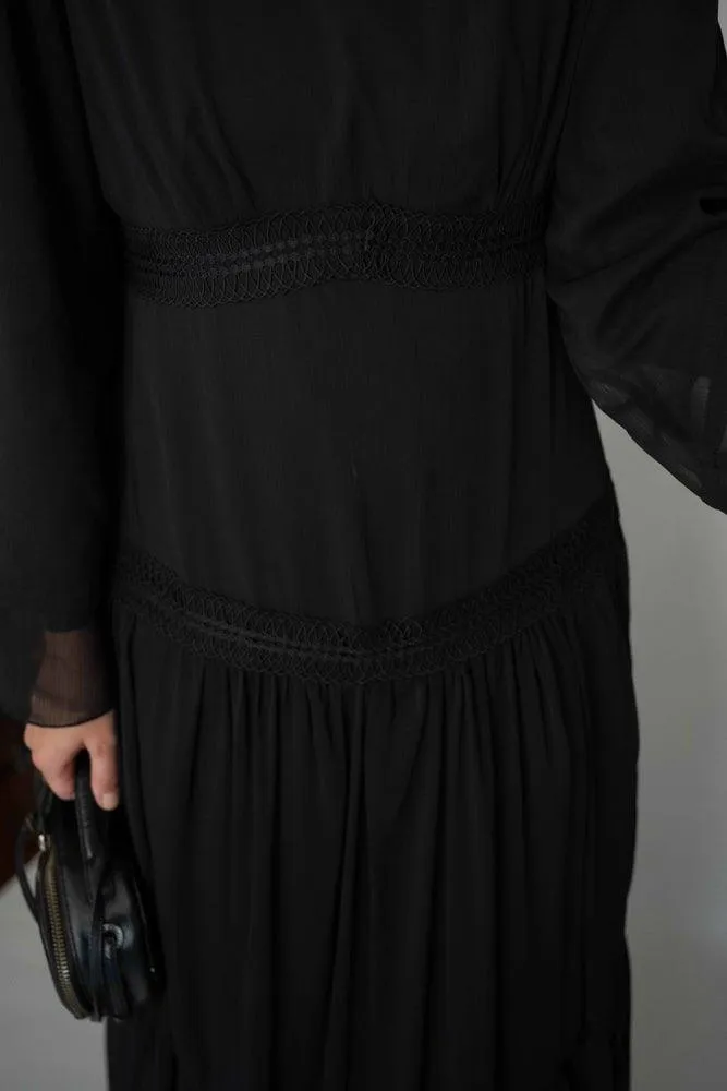 Black Vivvie classic chiffon dress lined not sheer with maxi sleeve and lace detail