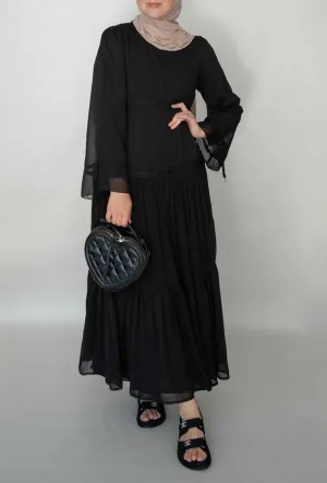 Black Vivvie classic chiffon dress lined not sheer with maxi sleeve and lace detail