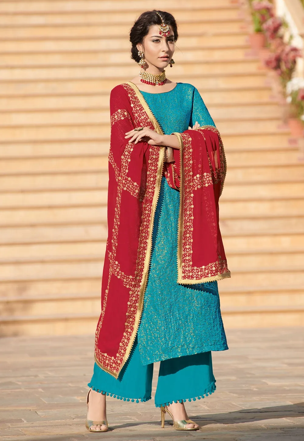 Blue And Red Traditionally Embellished Palazzo Suit