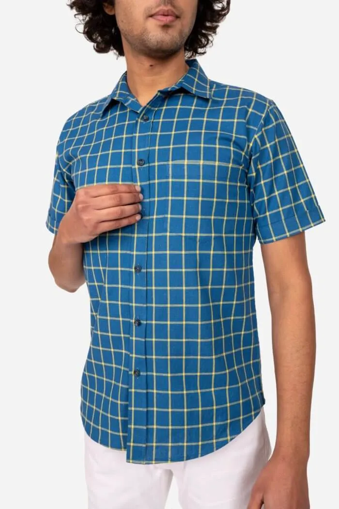 Blue and Yellow Checked Cotton Half Sleeve Shirt