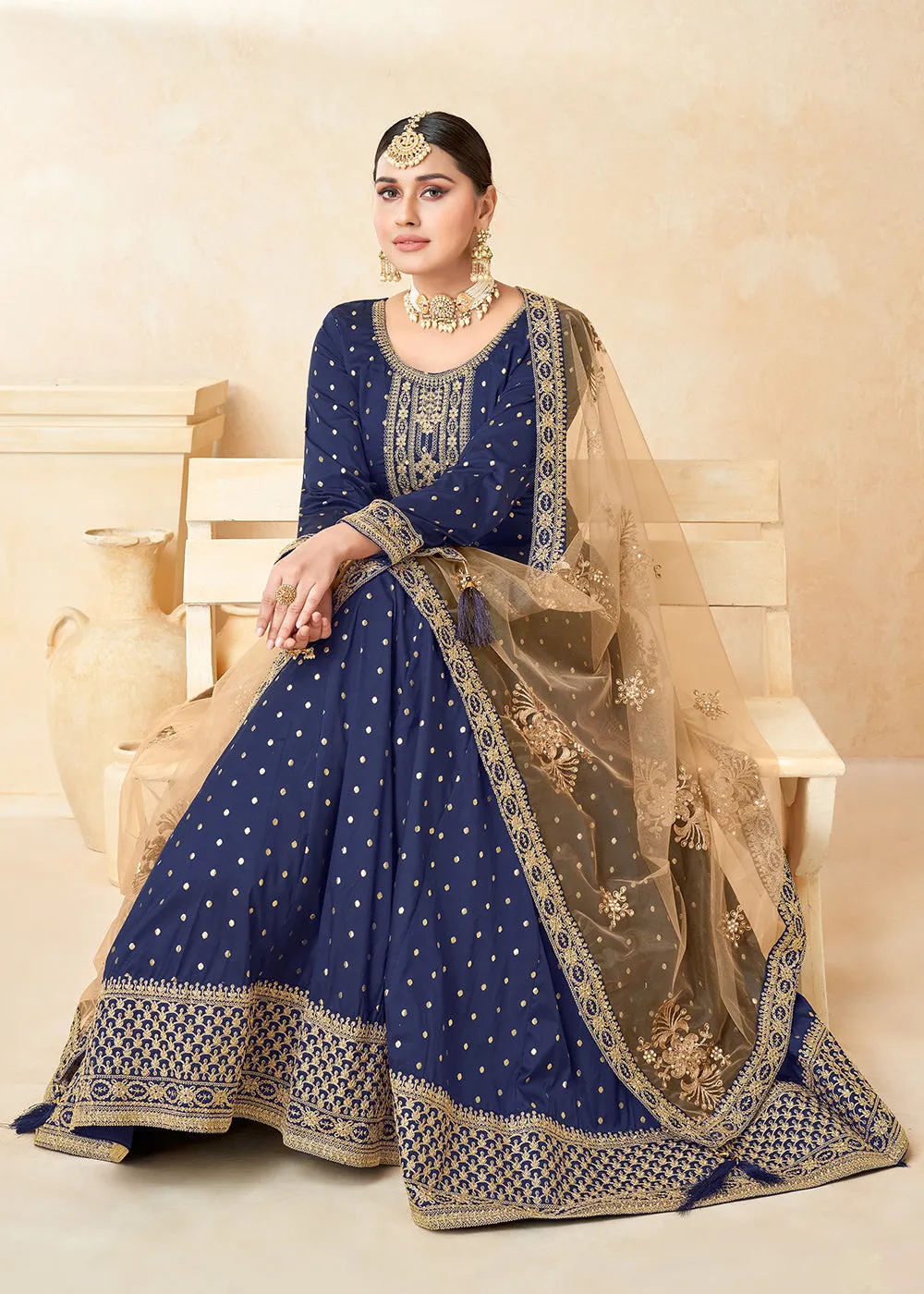 Blue Silk Embroidered Indian Ethnic Wear Anarkali Dress