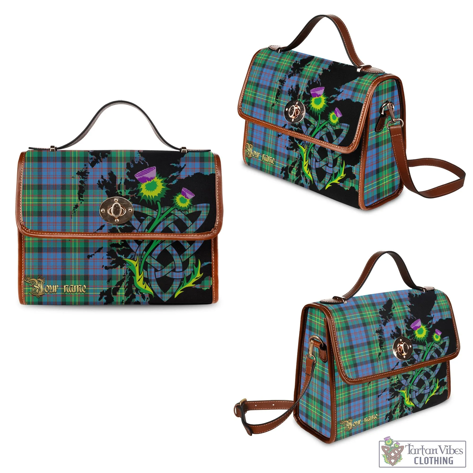 Bowie Ancient Tartan Waterproof Canvas Bag with Scotland Map and Thistle Celtic Accents