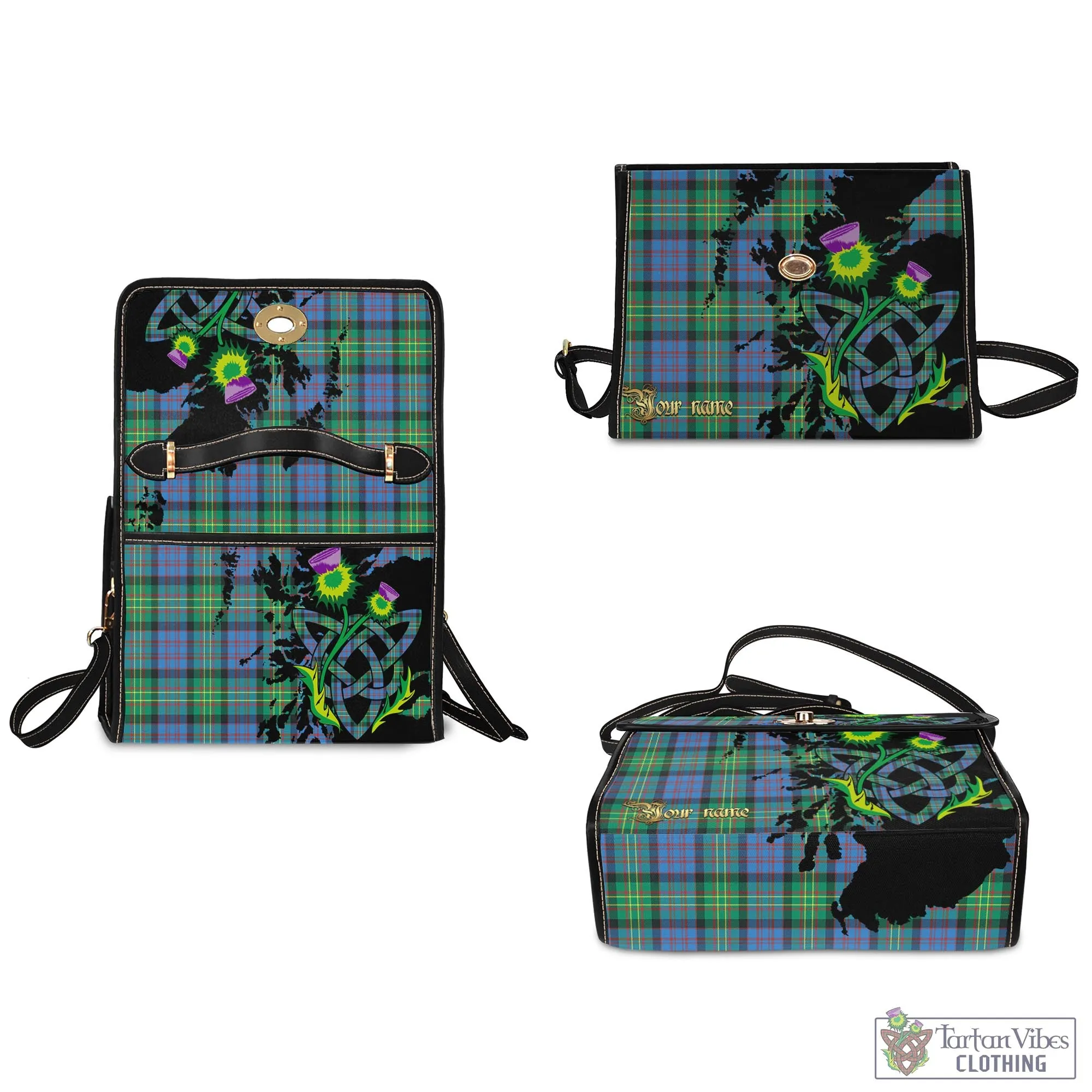 Bowie Ancient Tartan Waterproof Canvas Bag with Scotland Map and Thistle Celtic Accents