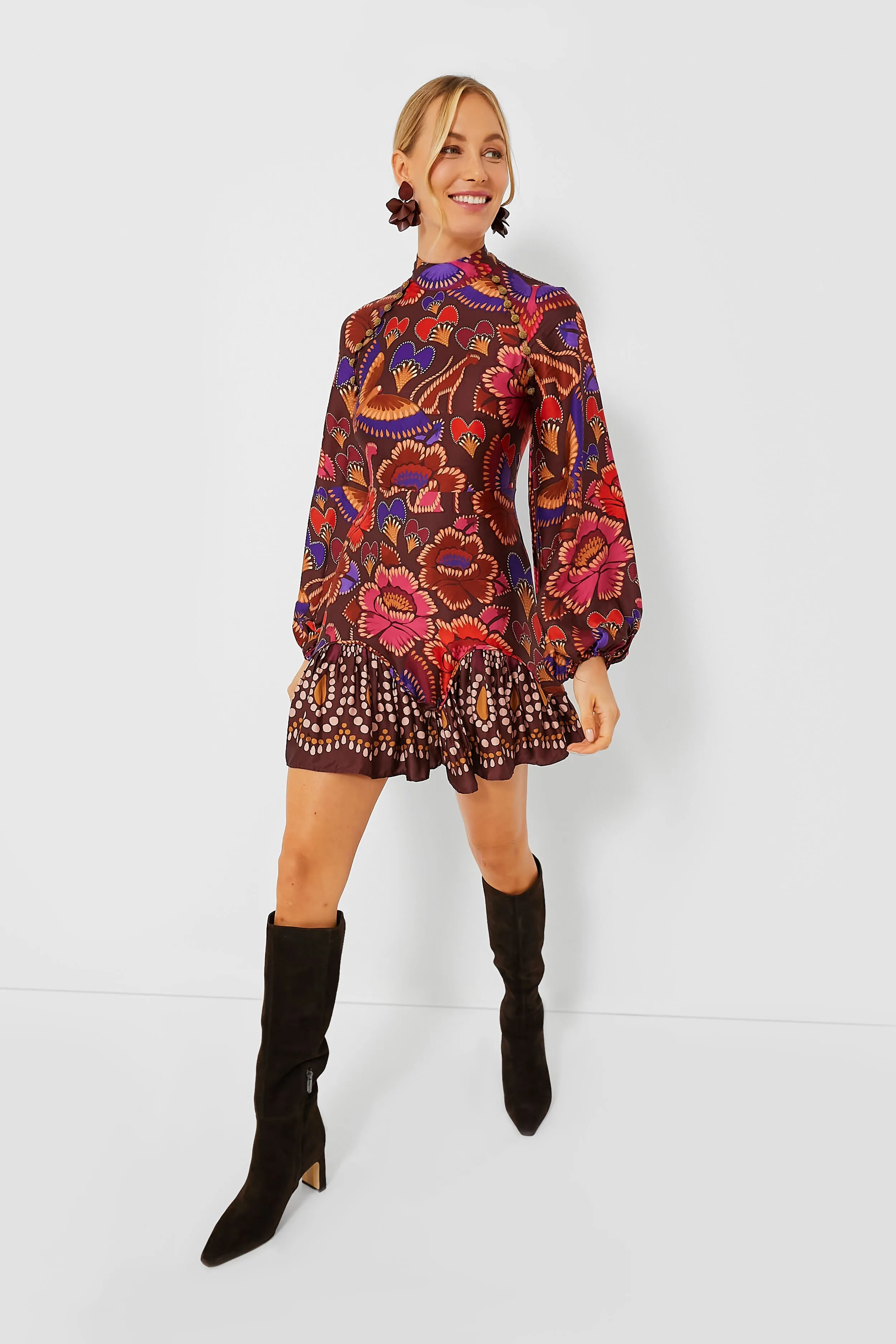 Bright Flora Brown Long Sleeve Mini Dress