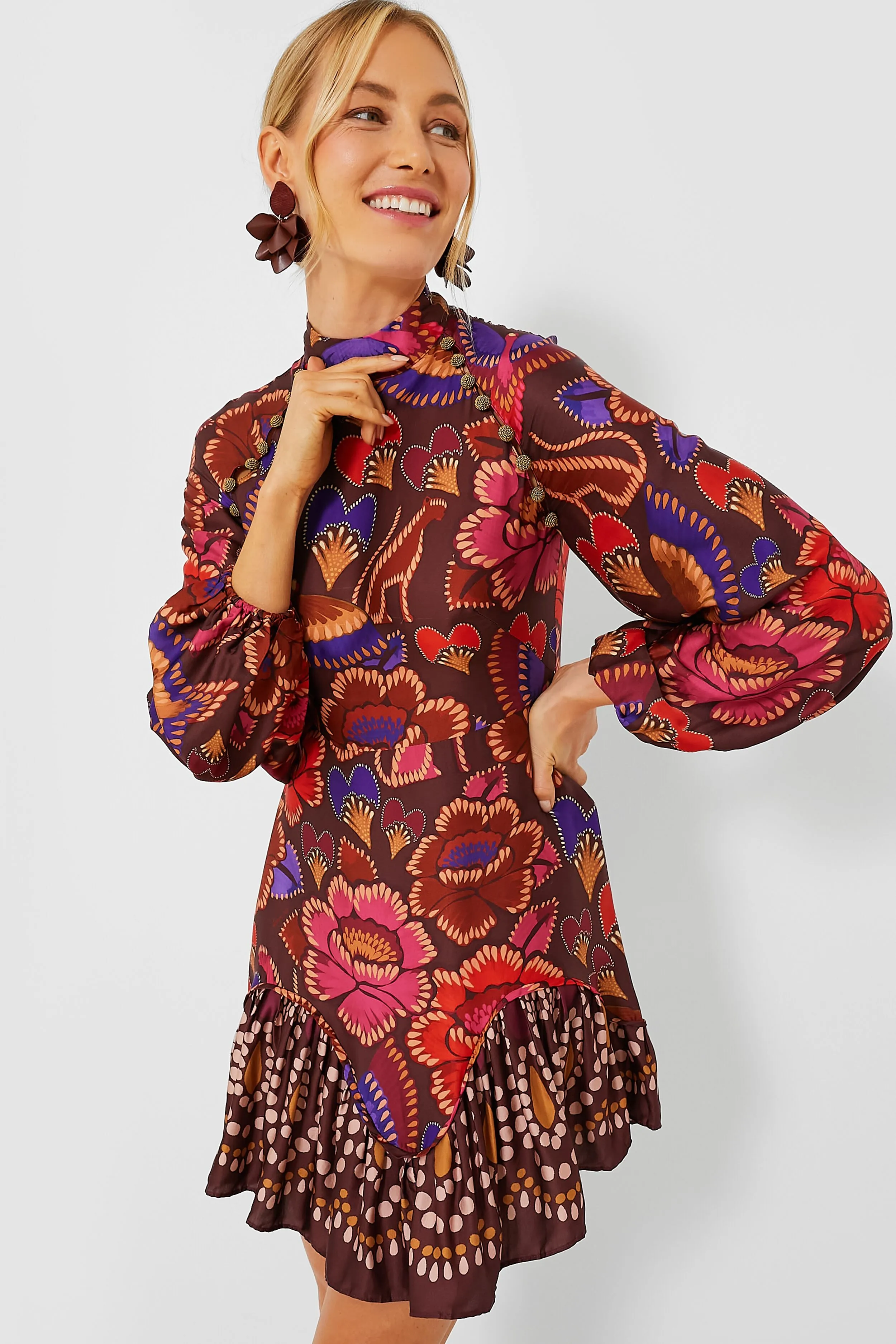 Bright Flora Brown Long Sleeve Mini Dress