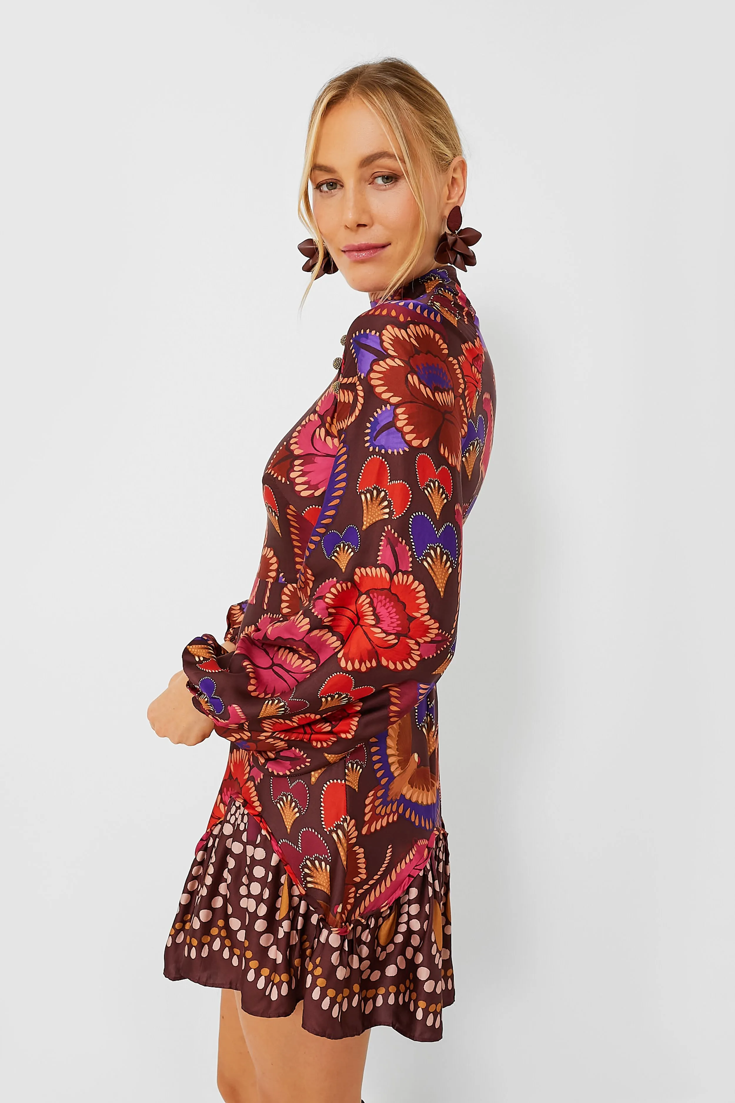 Bright Flora Brown Long Sleeve Mini Dress