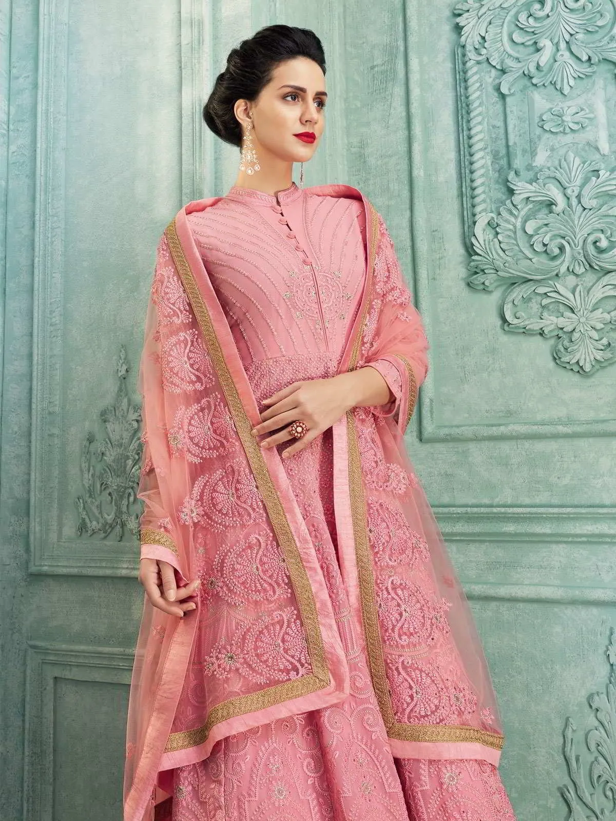 Bright Pink Lucknowi Embroidered Kalidar Anarkali Suit