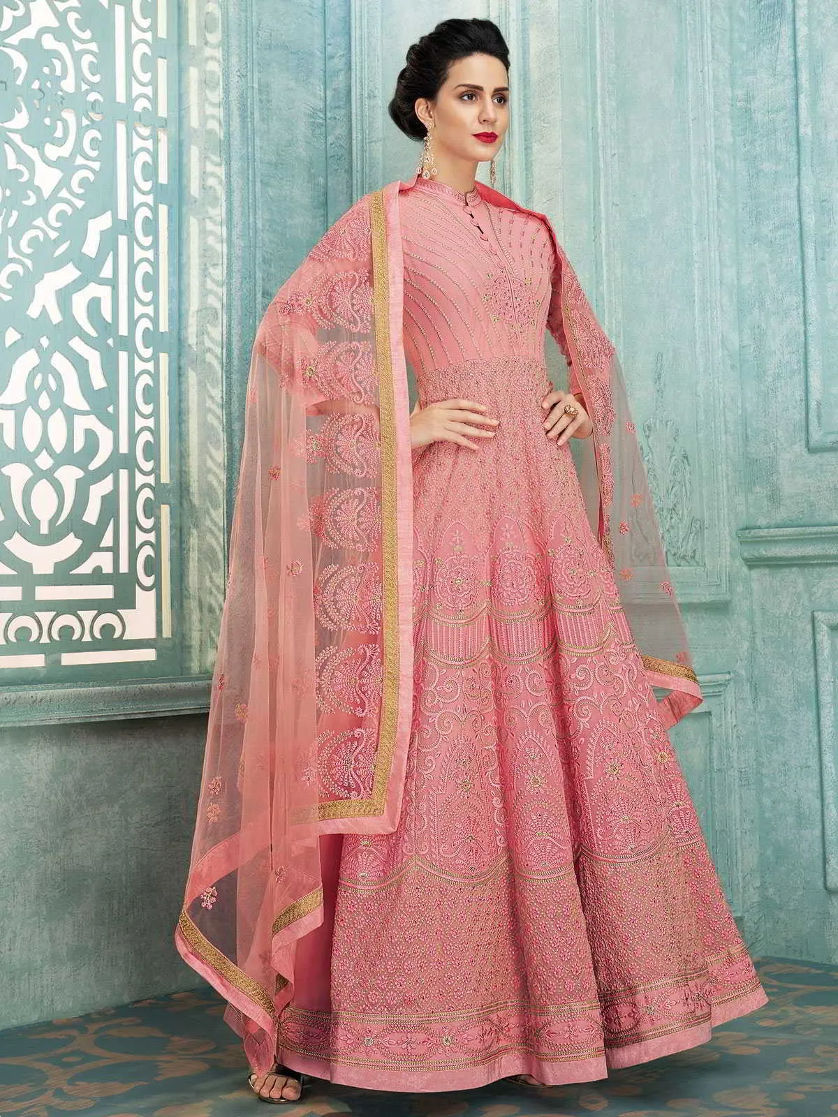 Bright Pink Lucknowi Embroidered Kalidar Anarkali Suit