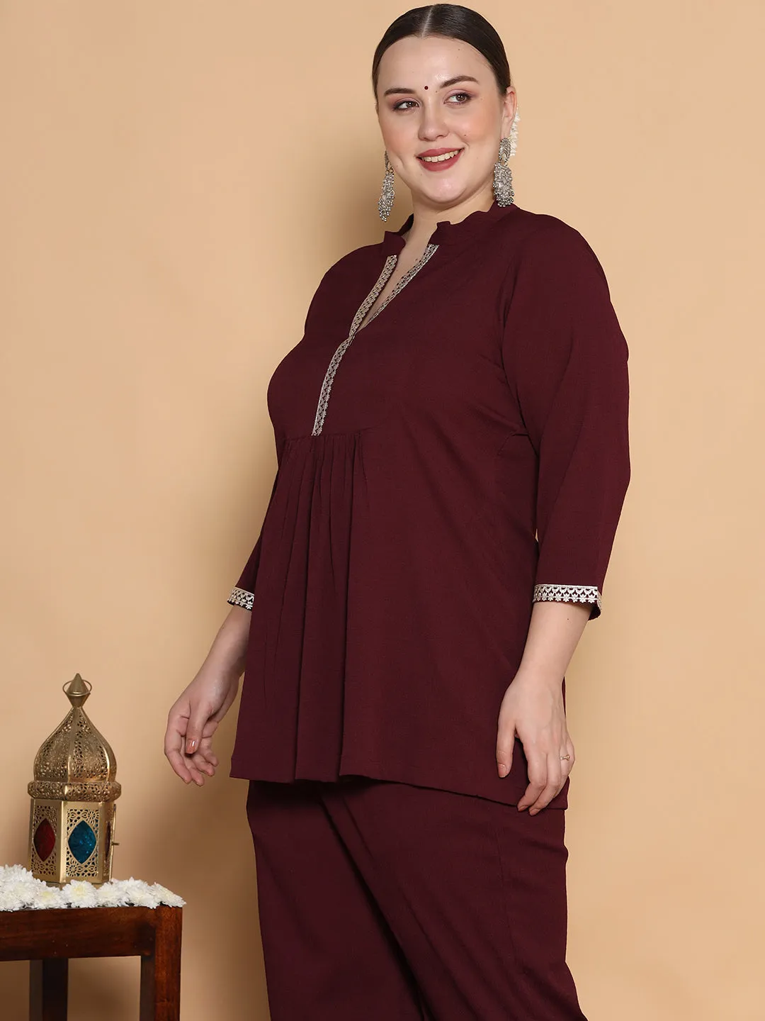 Burgundy Textured Embellished Top - Gathers