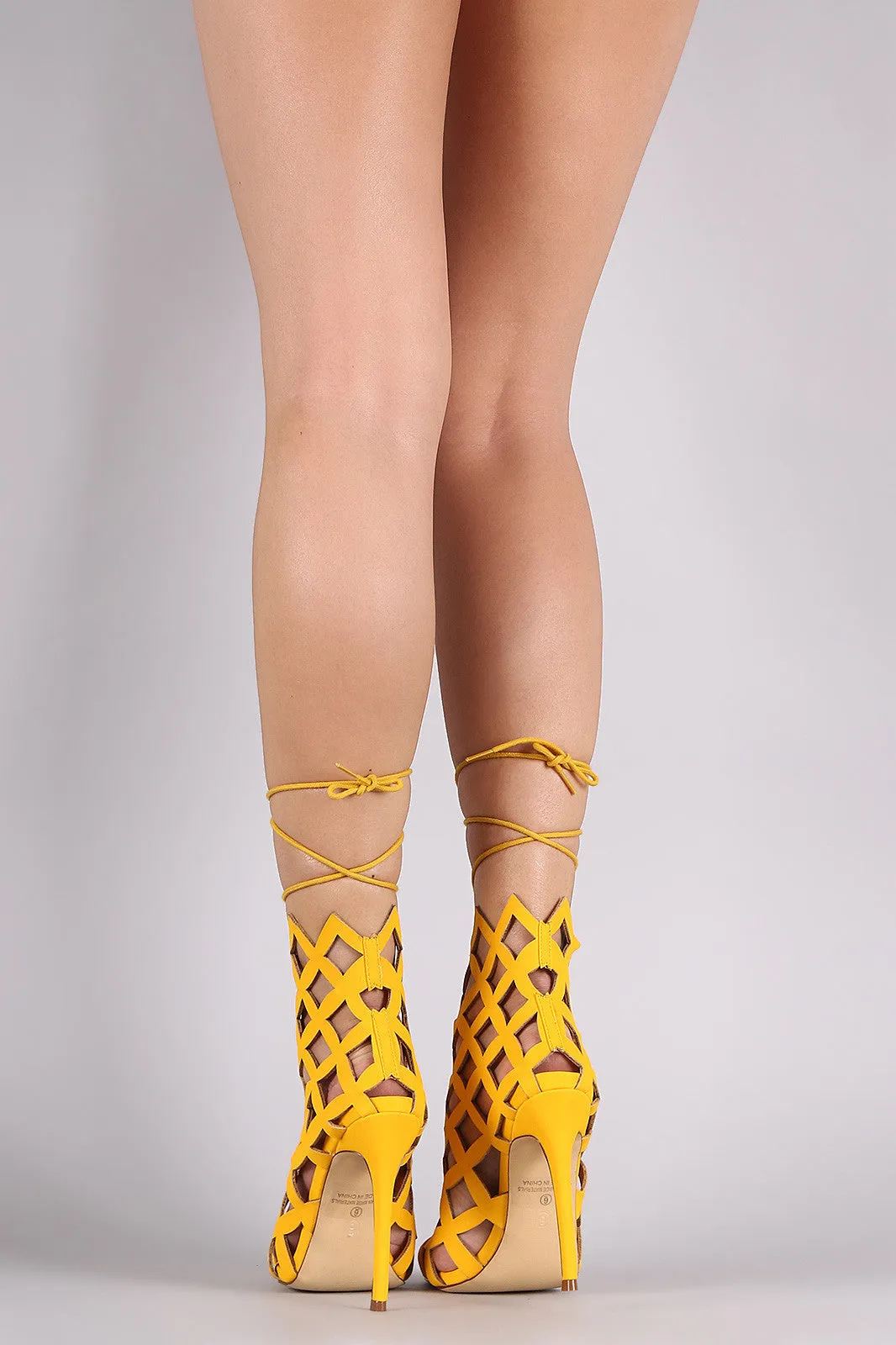 Caged Laser Cut Lace Up Heel