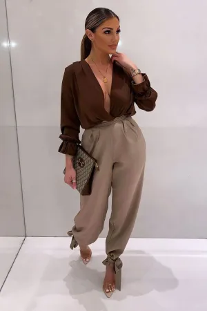 Chocolate Brown Satin Plunge Wrap Bodysuit - Penelopi