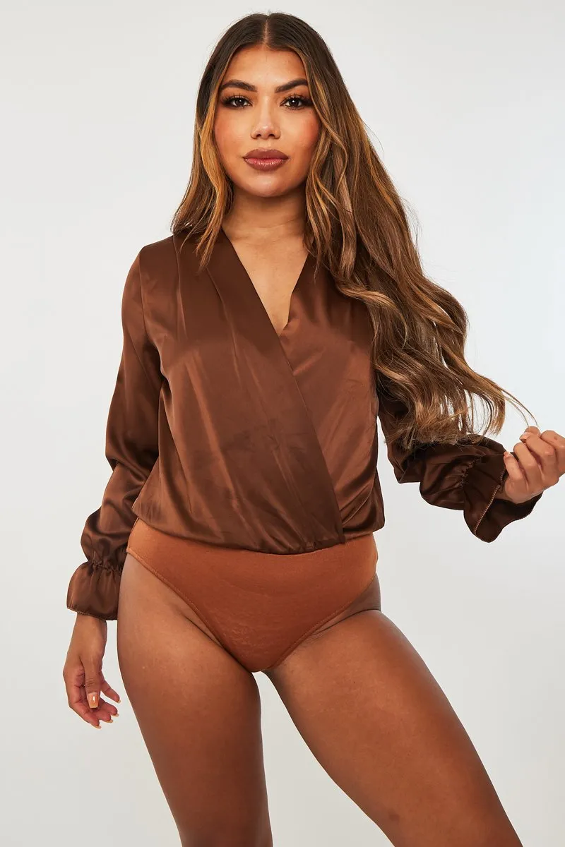 Chocolate Brown Satin Plunge Wrap Bodysuit - Penelopi