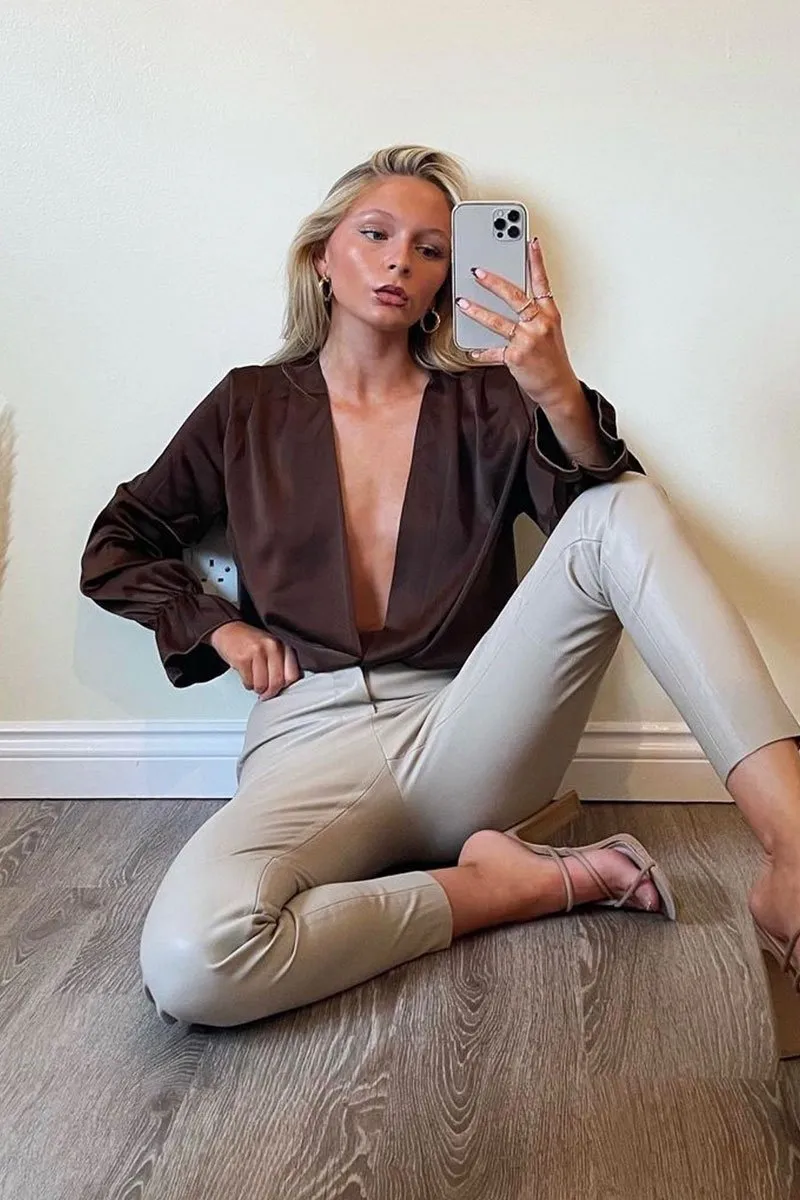 Chocolate Brown Satin Plunge Wrap Bodysuit - Penelopi