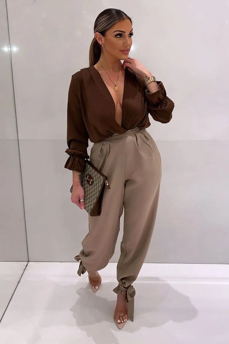 Chocolate Brown Satin Plunge Wrap Bodysuit - Penelopi