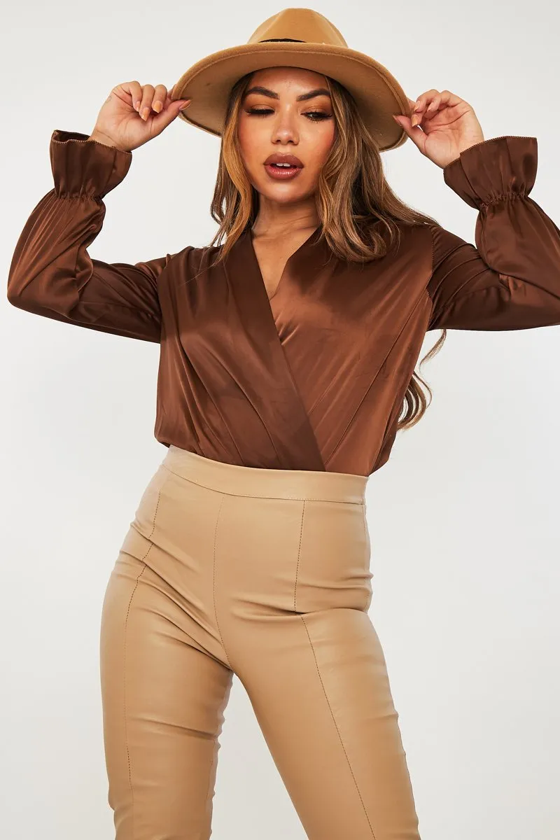 Chocolate Brown Satin Plunge Wrap Bodysuit - Penelopi