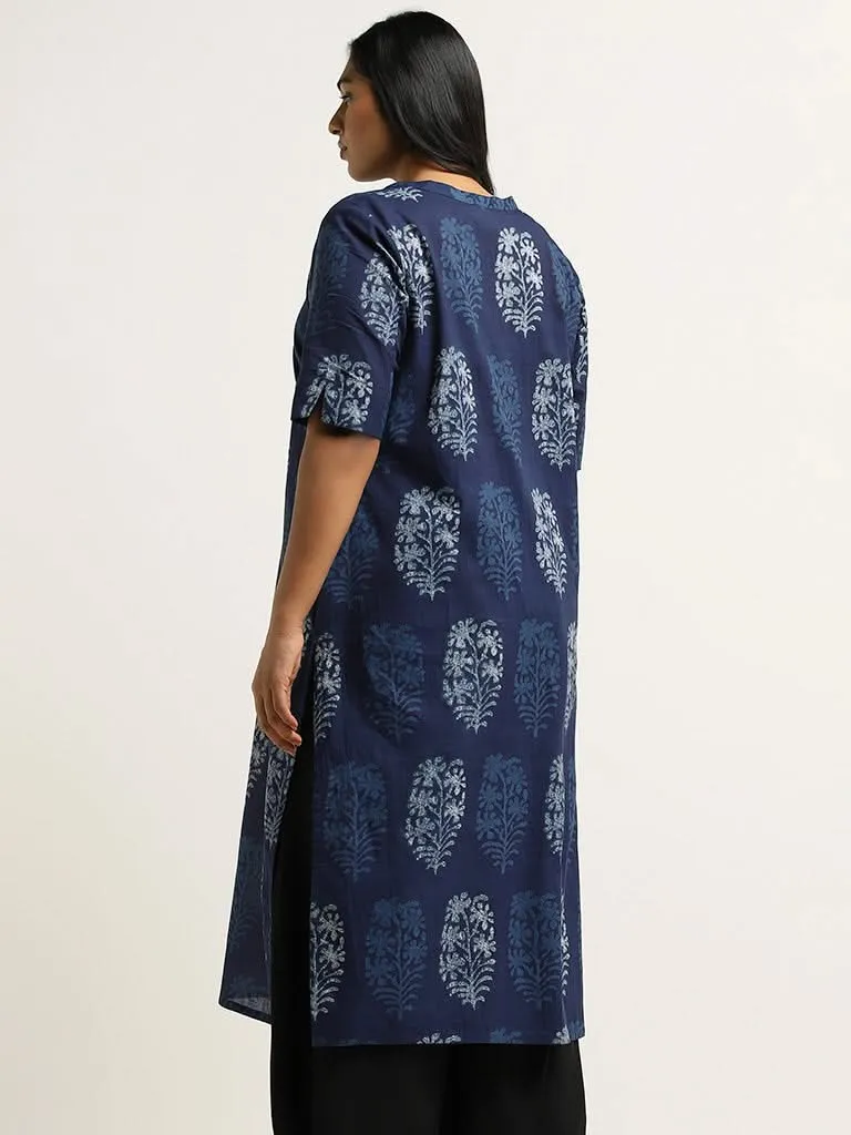 Diza Indigo Floral Printed Cotton Kurta