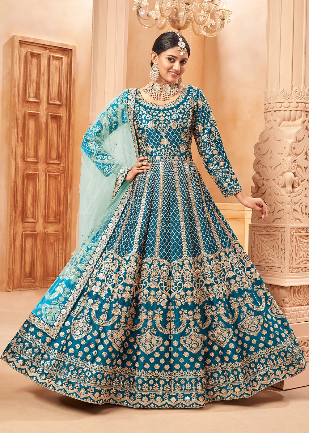 Excellent Teal Blue & Gold Embroidered Silk Anarkali Suit