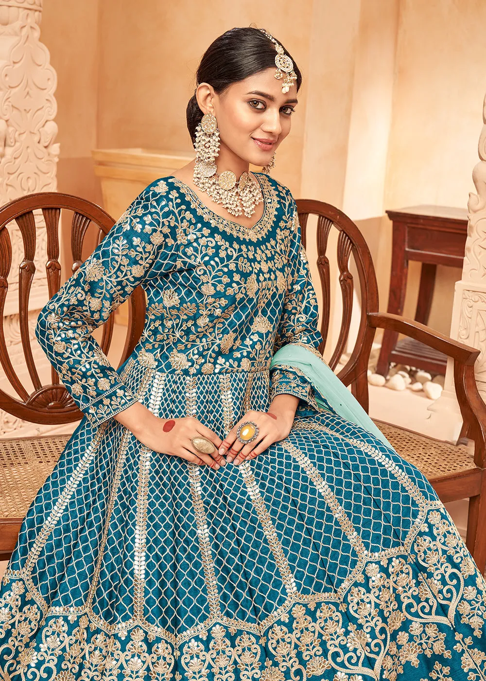 Excellent Teal Blue & Gold Embroidered Silk Anarkali Suit