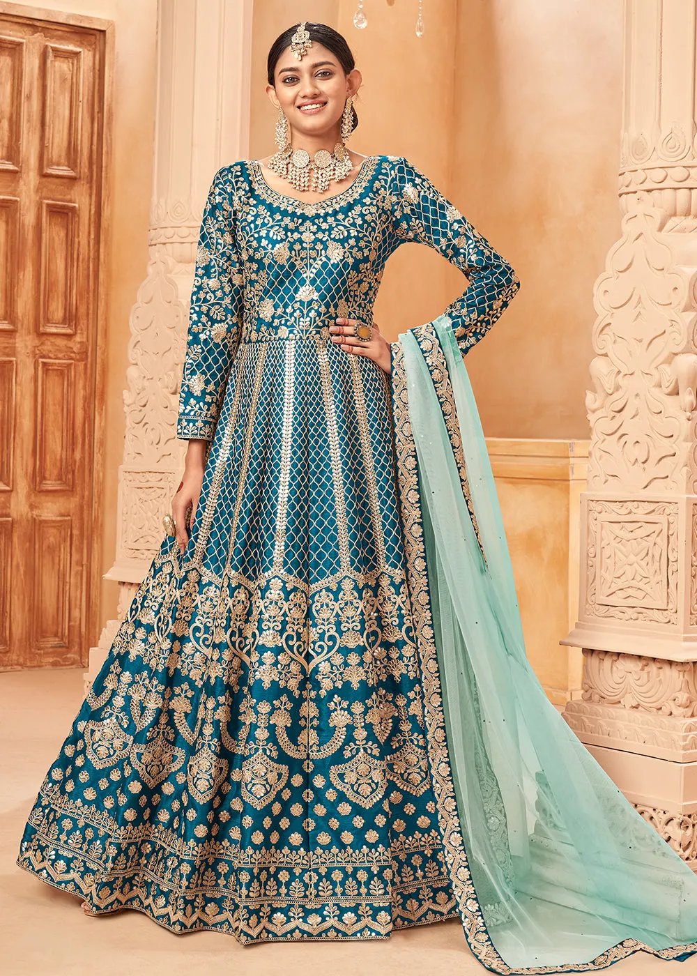 Excellent Teal Blue & Gold Embroidered Silk Anarkali Suit