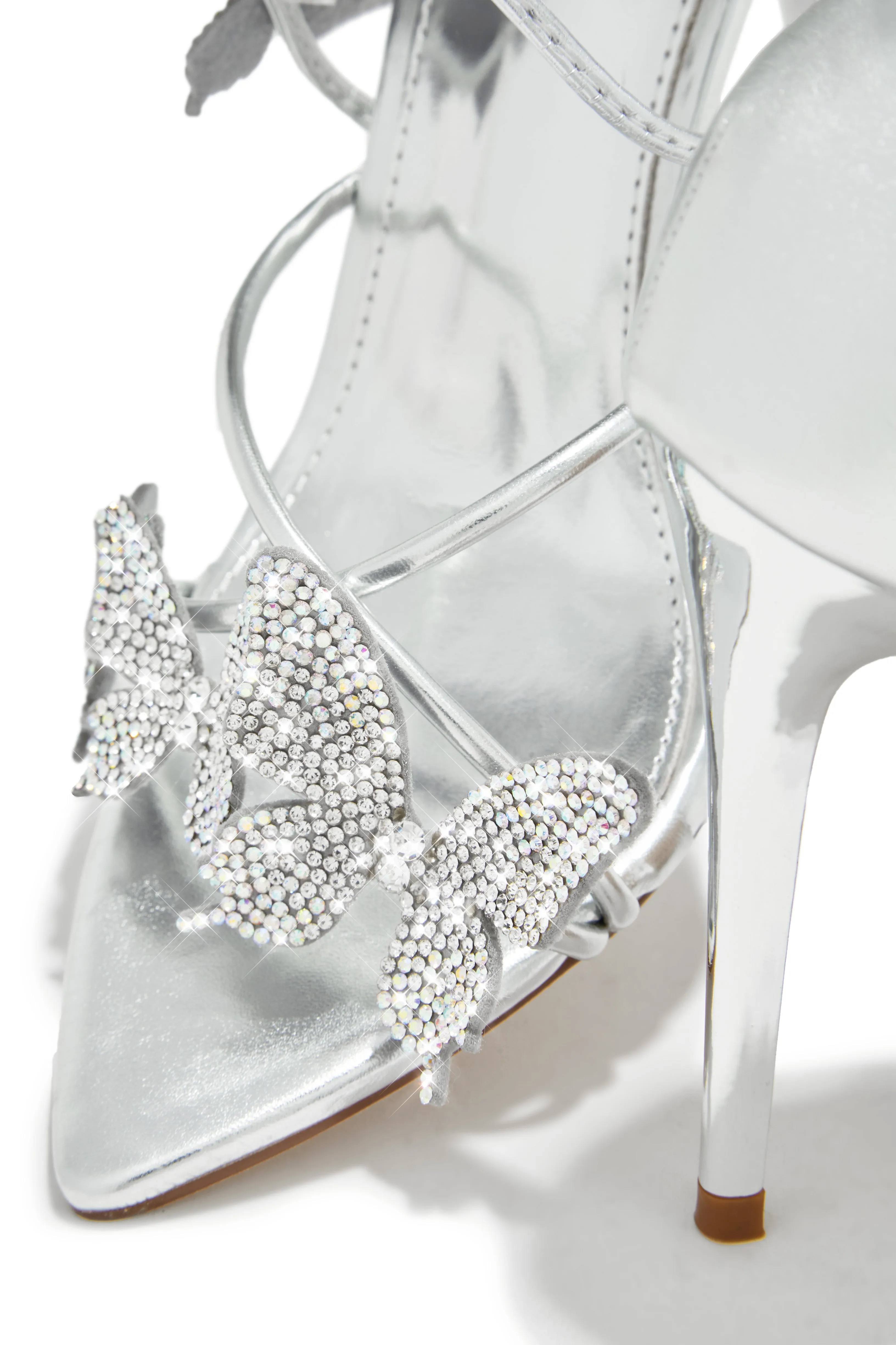 Fantasy Dreams Butterfly Embellished Lace Up Heels - Silver