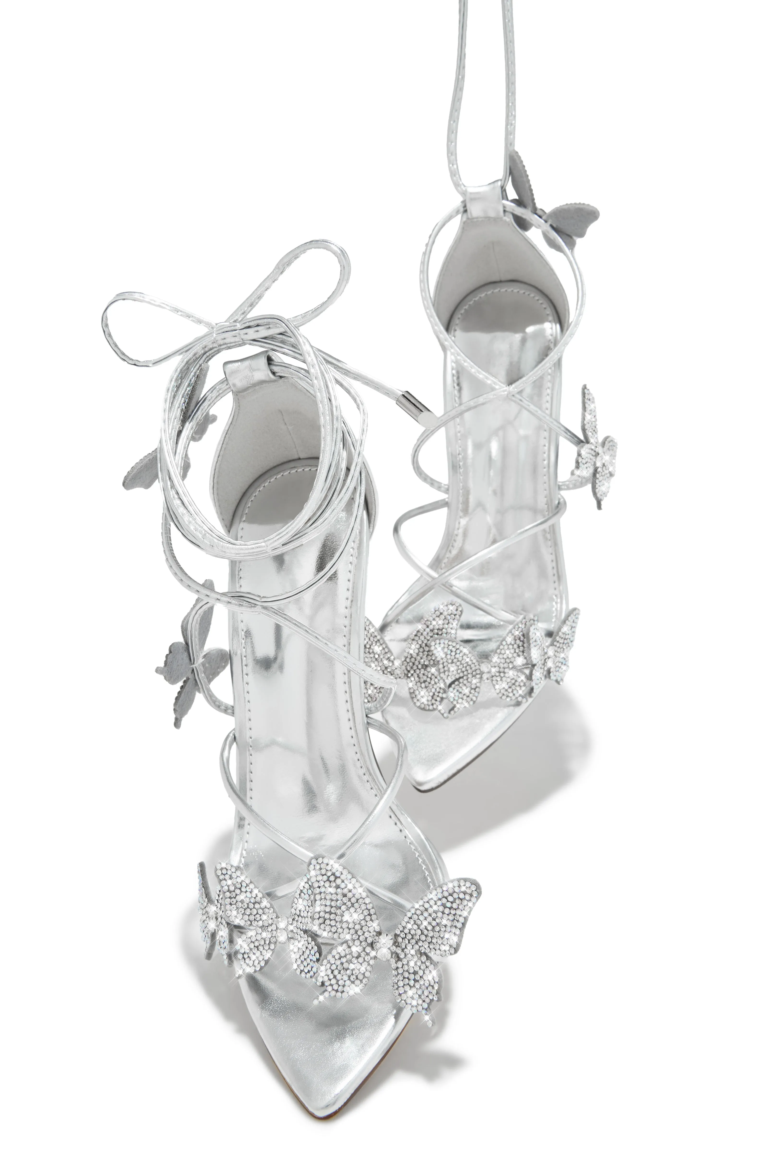 Fantasy Dreams Butterfly Embellished Lace Up Heels - Silver