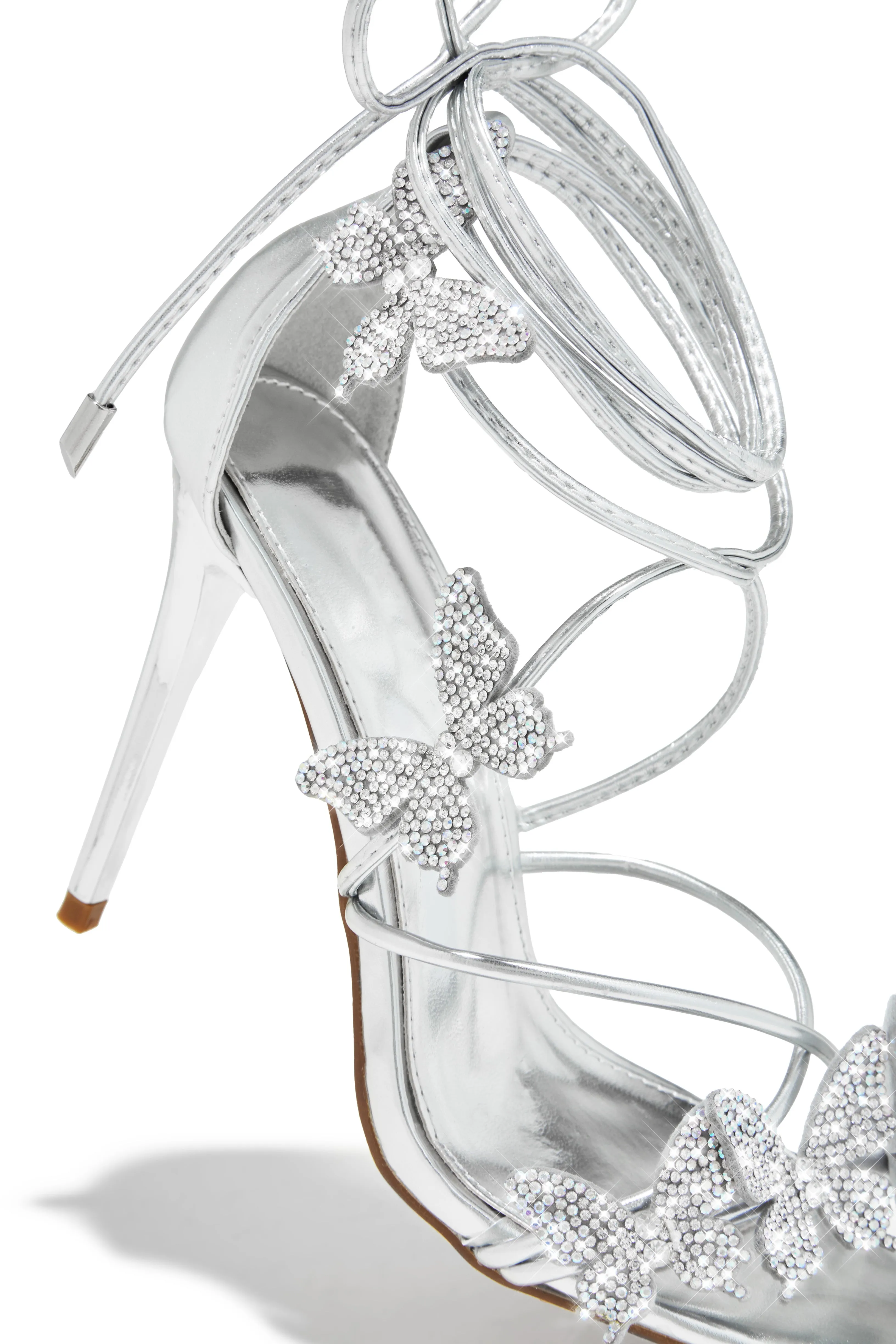 Fantasy Dreams Butterfly Embellished Lace Up Heels - Silver