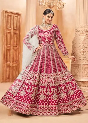 Fascinating Hot Pink & Gold Embroidered Silk Anarkali Suit