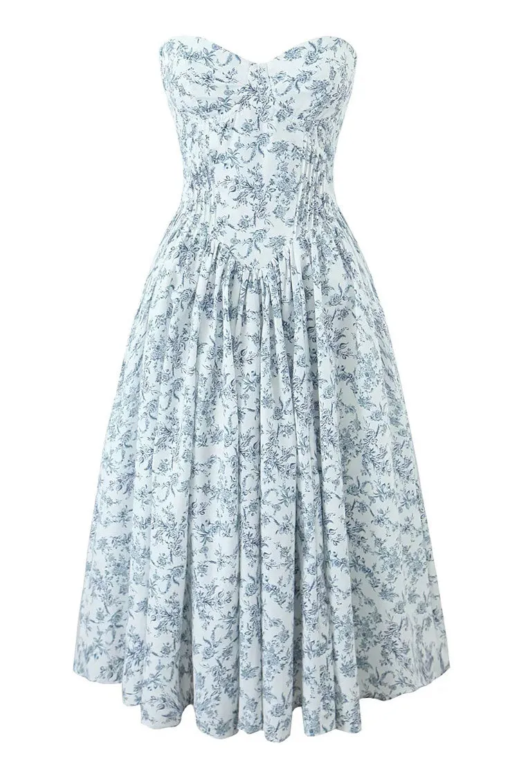 French Style Floral Print Strapless Bustier Pleated Vacation Midi Sundress