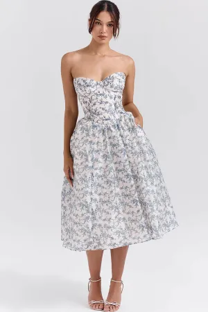 French Style Floral Print Strapless Bustier Pleated Vacation Midi Sundress