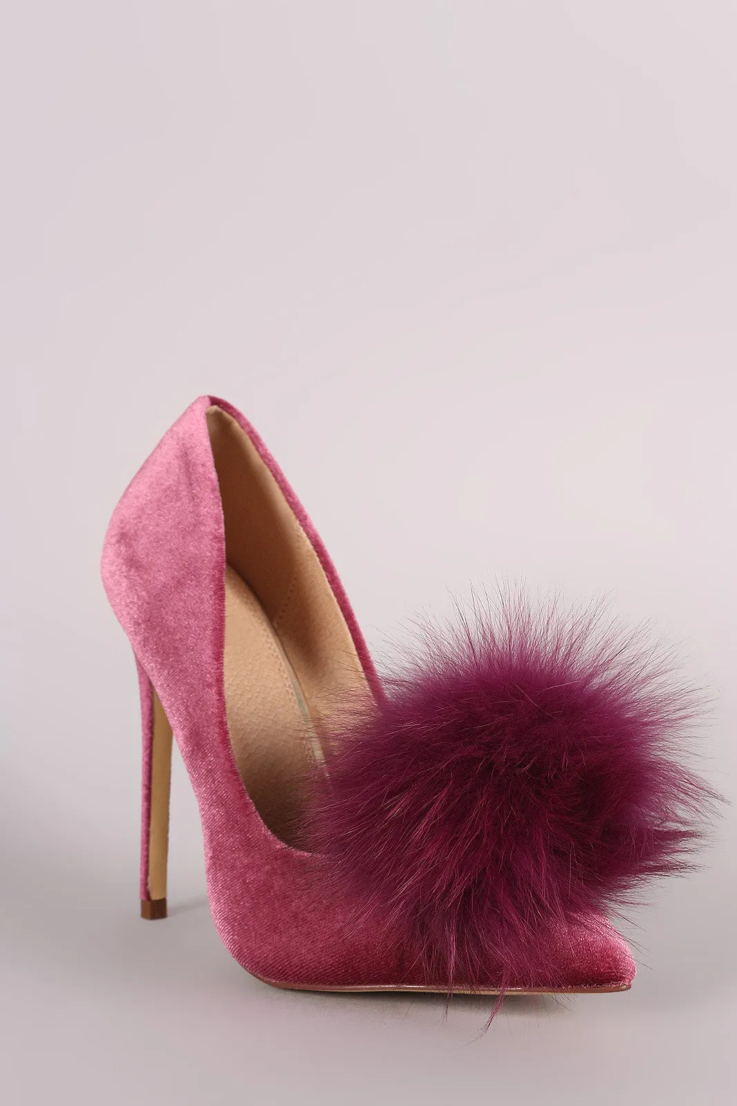 Fur Pom Pom Velvet Pointy Toe Stiletto Pump