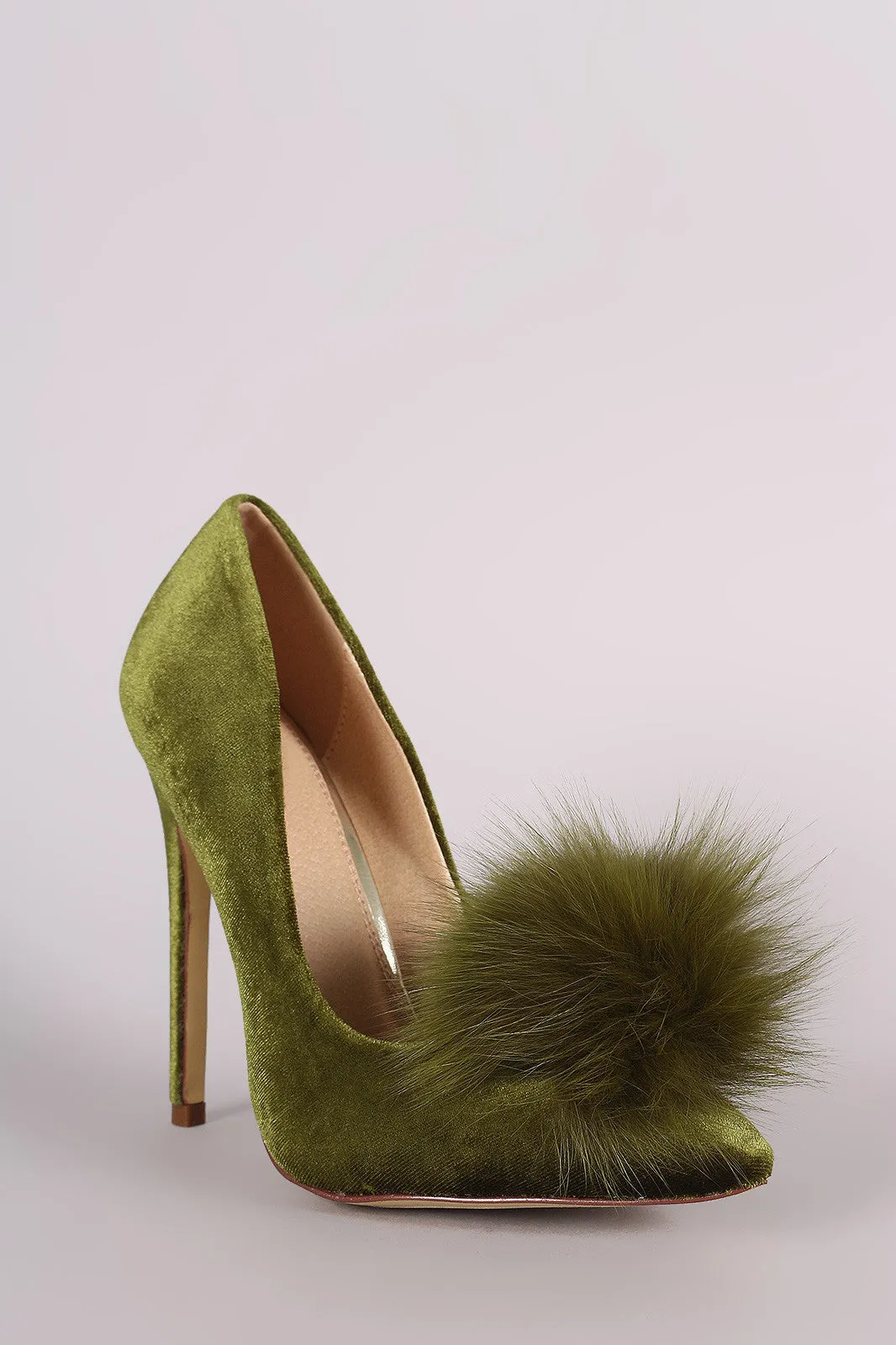 Fur Pom Pom Velvet Pointy Toe Stiletto Pump