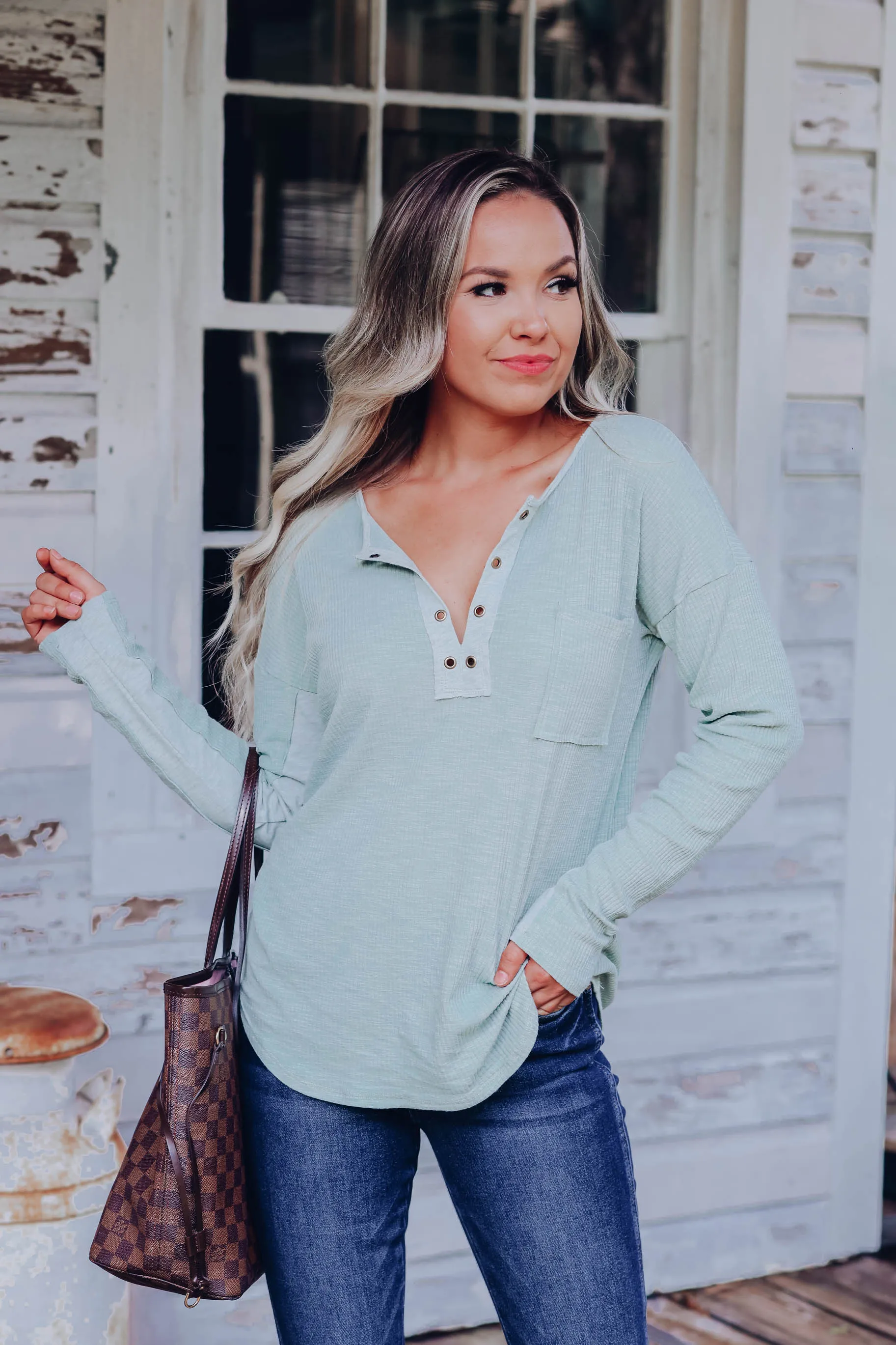 Laid Back Ribbed Contrast Top - Sage