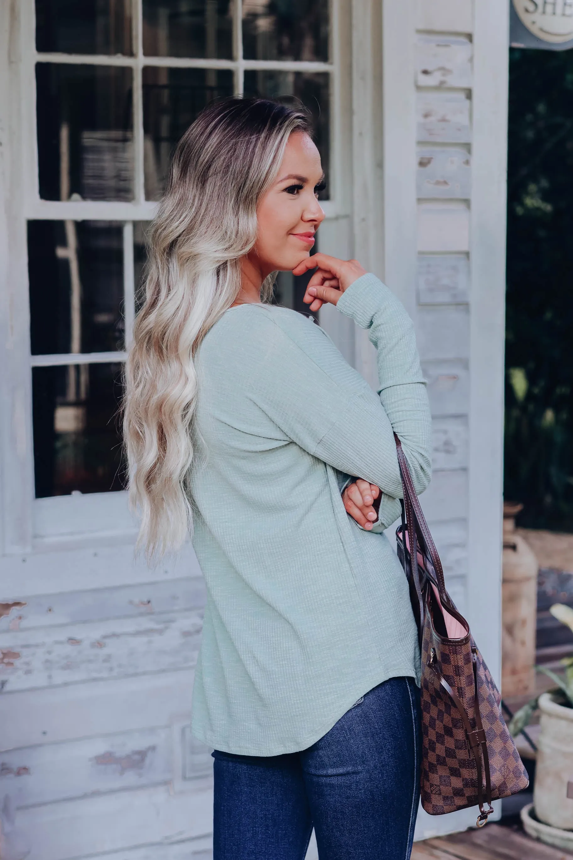 Laid Back Ribbed Contrast Top - Sage