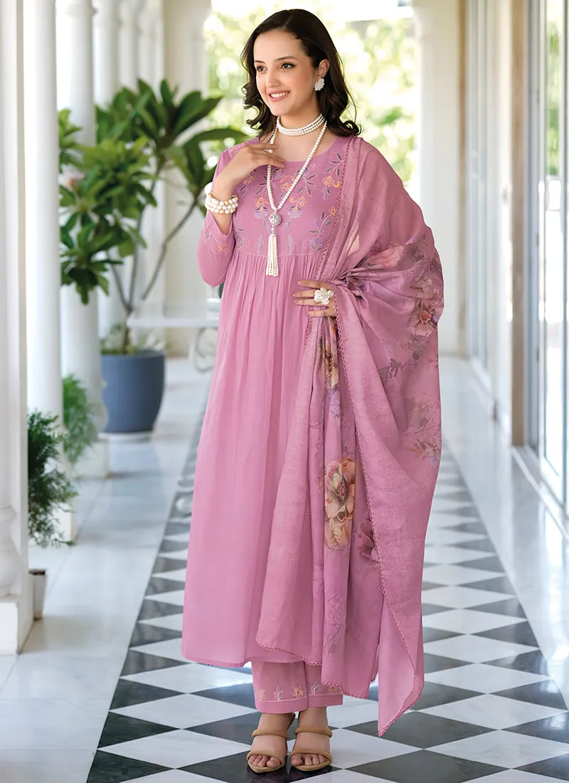 Lavender Embroidery Cotton Anarkali Pant Suit