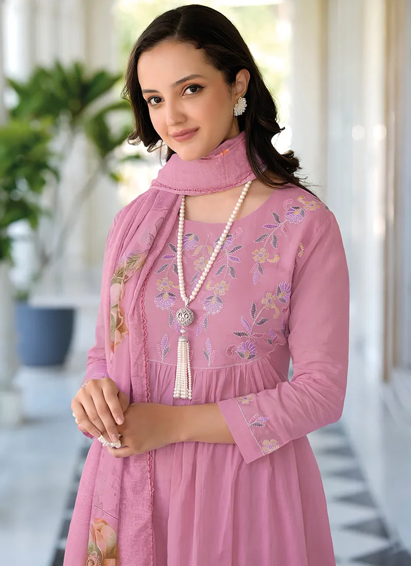 Lavender Embroidery Cotton Anarkali Pant Suit