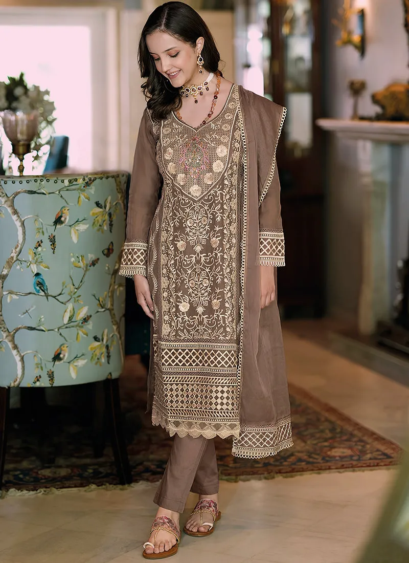 Light Brown Multi Embroidery Wedding Pant Style Suit