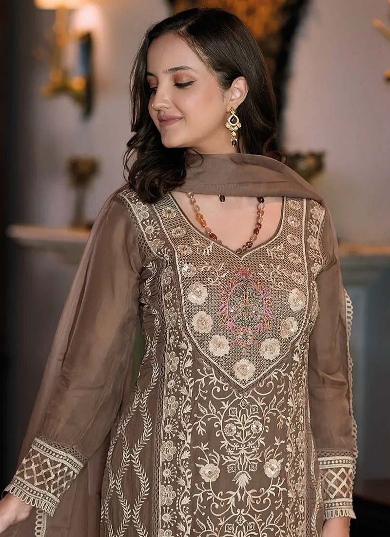 Light Brown Multi Embroidery Wedding Pant Style Suit