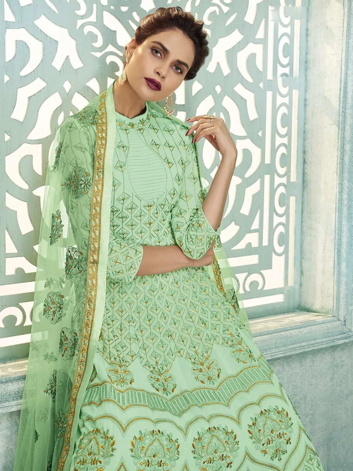 Light Green Lucknowi Embroidered Kalidar Anarkali Suit