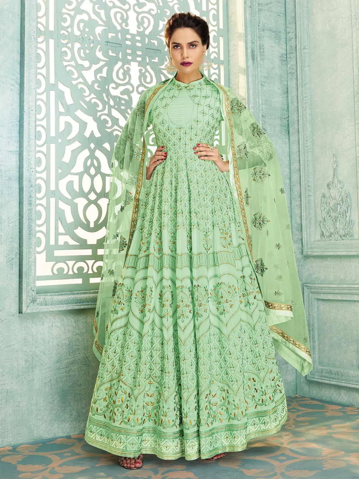 Light Green Lucknowi Embroidered Kalidar Anarkali Suit