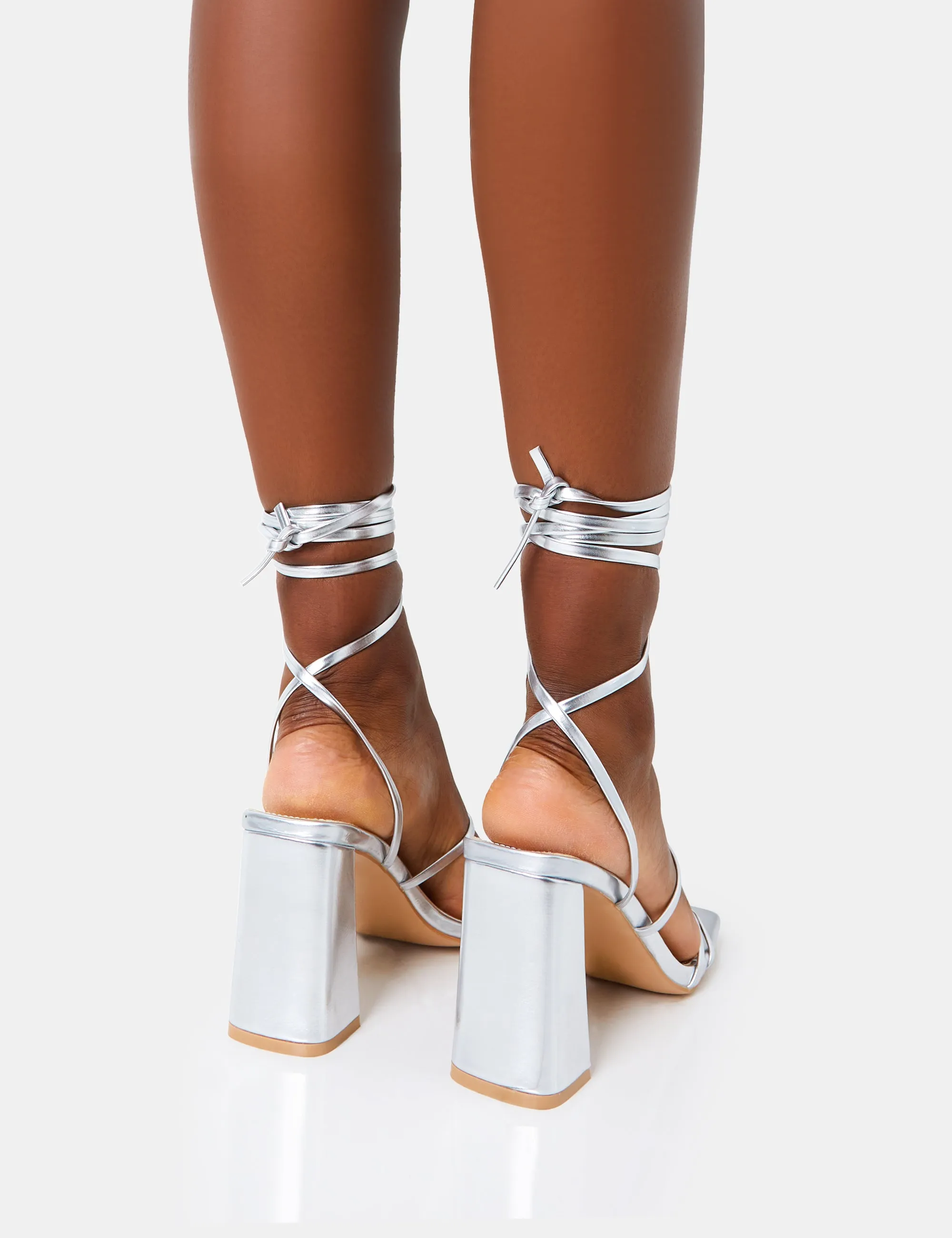 Natty Silver Pu Lace Up Square Toe Mid Block Heels