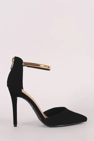 Nubuck Pointy Toe Metallic Ankle Strap Stiletto Pump