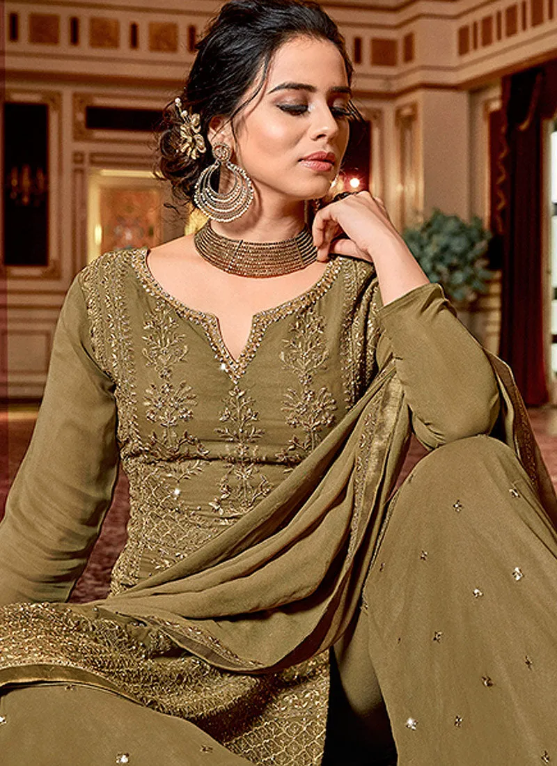 Olive Green Traditional Embroidered Georgette Sharara Suit