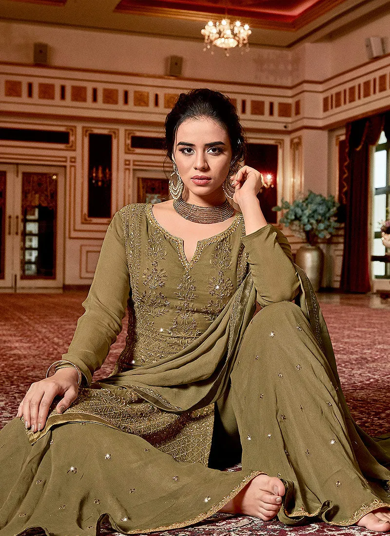 Olive Green Traditional Embroidered Georgette Sharara Suit