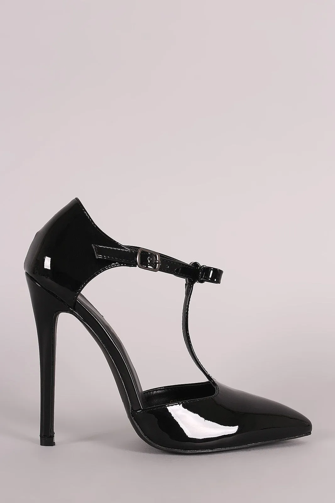 Patent Bow T-Strap Pointy Toe Stiletto Pump