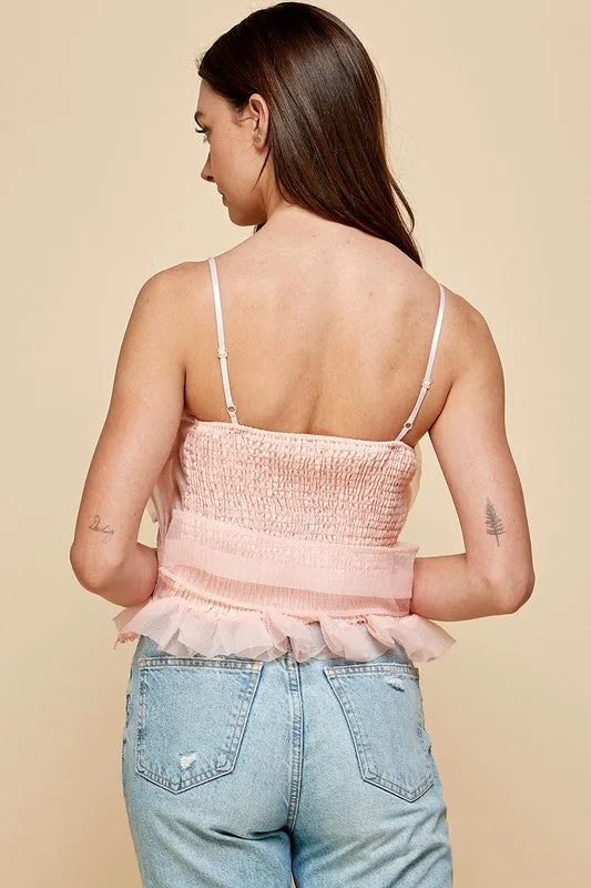 Peach Pleats Bow Cropped Top