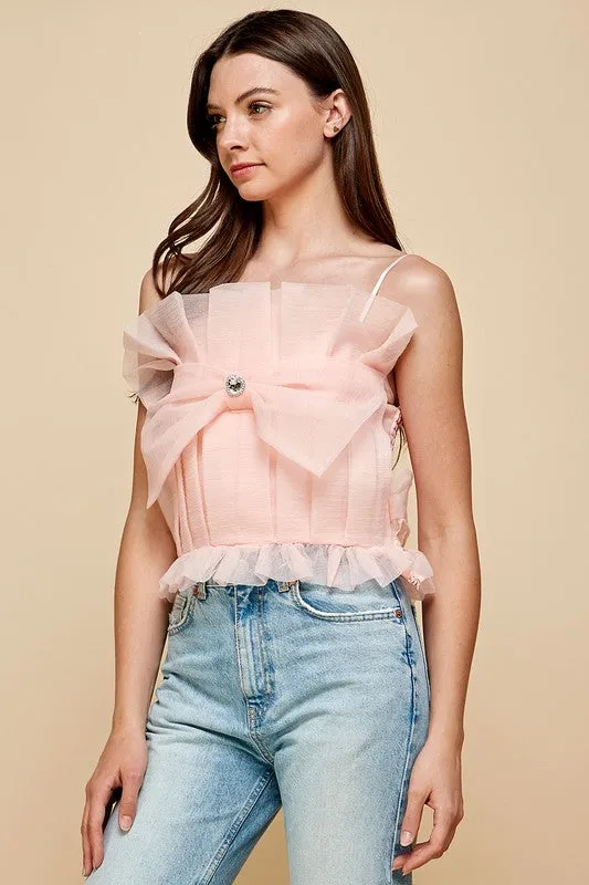 Peach Pleats Bow Cropped Top